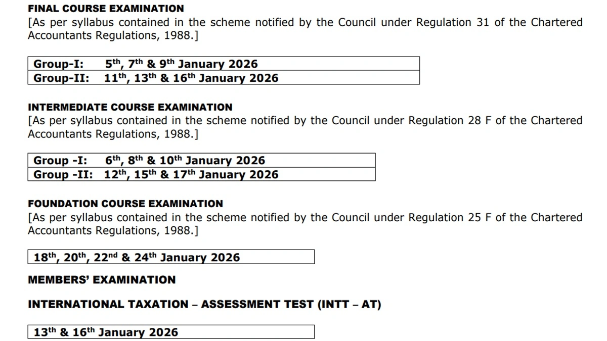icai ca january 2026 exam schedule